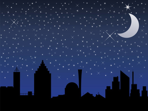 城市和夜空的剪影與星星和Moon；插圖