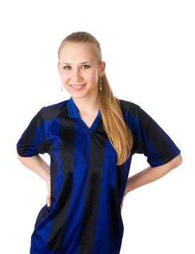 足球運(yùn)動(dòng)員。穿制服的年輕女子