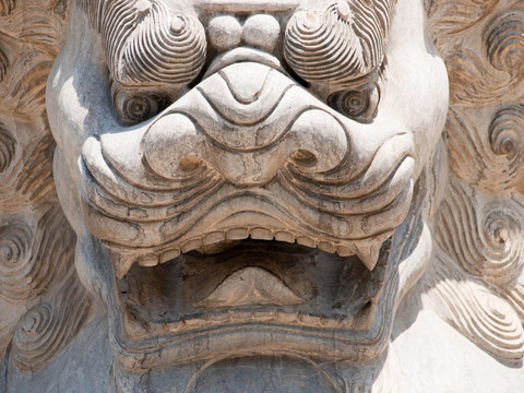 在西安的中國獅子雕塑的臉；中國