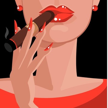 性感的女人穿紅色的；抽著雪茄