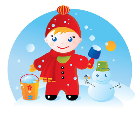一個(gè)小男孩在冬天散步和他的雪人
