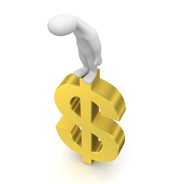 男子站在金色的美元和向下看。三維渲染插圖。