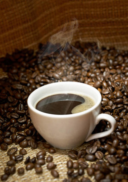 有烤咖啡豆的咖啡杯