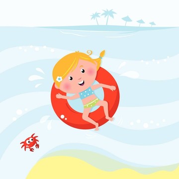 可愛的微笑女孩在海里游泳/游泳池