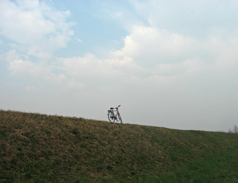 在草地上的山上騎自行車