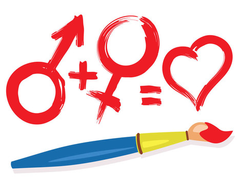 女性男性心臟符號和畫筆