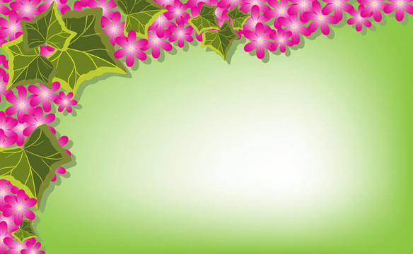 常春藤葉和粉紅色花點(diǎn)綴綠色背景