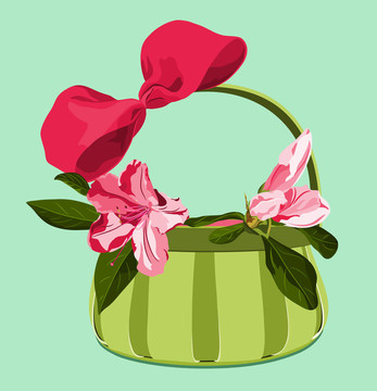 開(kāi)滿(mǎn)了杜鵑花和粉紅色蝴蝶結(jié)的藍(lán)色背景上的綠色的籃子。