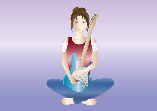棕色頭發(fā)的女孩帶著吉他