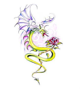 紋身藝術(shù)素描；龍與玫瑰