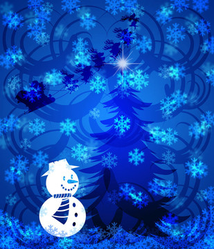 藍色背景下的圣誕樹雪人