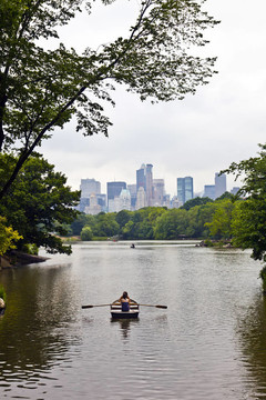 紐約市的中央公園，有樹和摩天大樓，有雨的湖