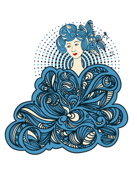 美麗的亞洲婦女與抽象的花卉裝飾圍繞