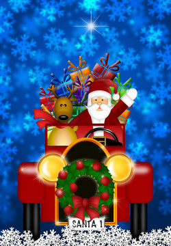 Santa和馴鹿乘坐老式紅色轎車