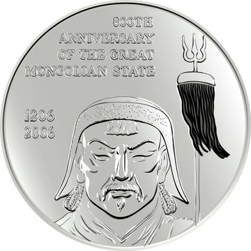 閃亮的銀質(zhì)紀(jì)念幣描繪Mongol Genghis Khan；孤立在白色背景