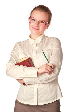 微笑的老師帶著書和筆