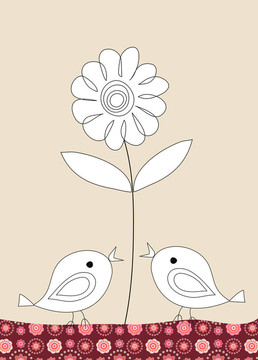 兩個可愛的小鳥和米色背景上的花；插圖