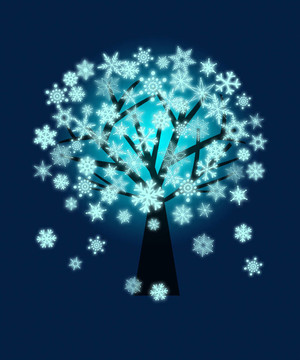 藍(lán)色背景下冬日雪花圣誕樹