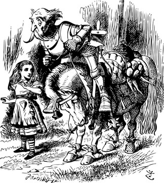 白衣騎士從馬背上摔下來(lái)--透過(guò)鏡子，愛(ài)麗絲發(fā)現(xiàn)那里有原版的書(shū)雕.