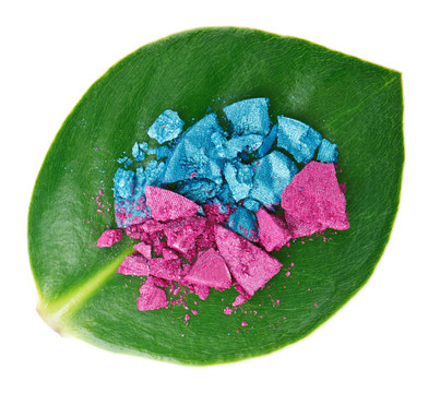 在綠色的葉子破碎的多色眼影的；白色隔離
