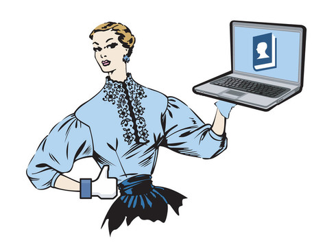 社交媒體復(fù)古女子與筆記本電腦。