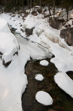 白雪山國家森林中湍急的冰雪覆蓋的河流