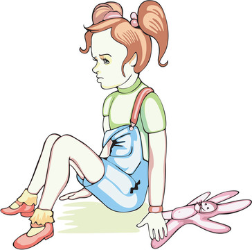 傷心的女孩和一只兔子玩具