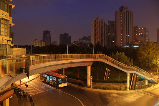 在上海市的夜景；中國