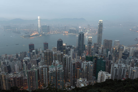 香港黃昏。從維多利亞峰