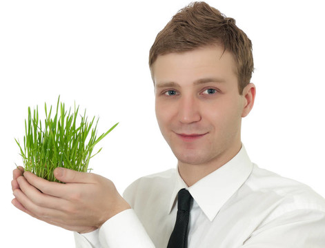 男子拿著一個小植物