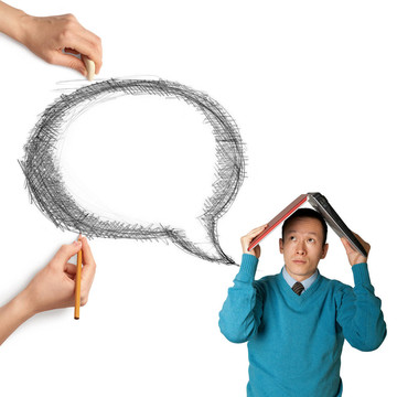 人的手與言語泡沫和人