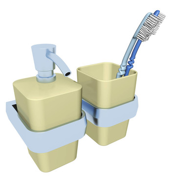 用鉻泵和條紋和鍍鉻條塑料玻璃塑料皂液器；兩個(gè)牙刷3D；孤立在白色背景