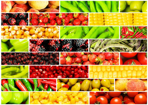 许多不同水果和蔬菜的拼贴