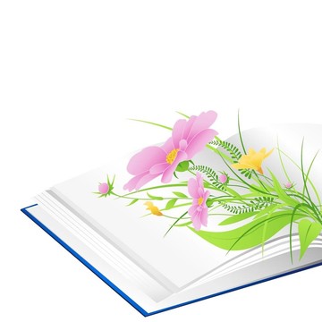開(kāi)放的書與花和綠色的草