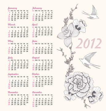 2012花鳥(niǎo)圖案日歷