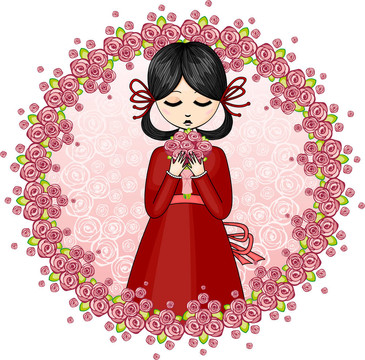 女孩，花上有一束花