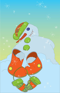 靴子和手套的雪人融化