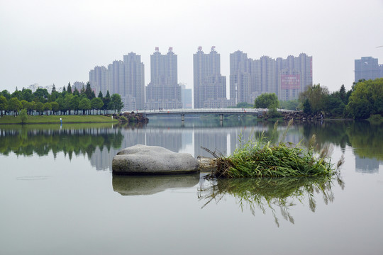 高樓湖中倒影