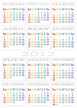 日歷2012 -特定顏色的每一天的一周