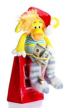 玩具獅子作為Santa Claus cap的圣誕禮物