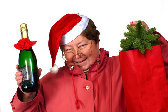 圣誕老人夫人；穿著紅色圣誕盛裝的Santa女子手持紅麻袋裝著禮物；瓶；香檳酒；眼鏡；眼鏡；