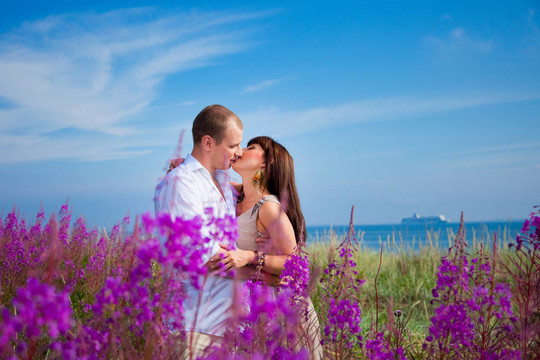 蓝色海洋中紫色花朵间的浪漫之吻
