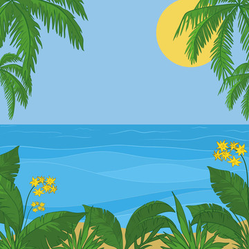 大海；太陽；天空；樹葉和花