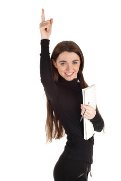 年輕女子長頭發(fā)和空白卡指向