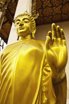 如來佛祖的雕像坐落在講經(jīng)堂的建筑前作為地標和佛教徒向提醒做好事的神圣象征。