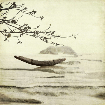 漁船和杏仁樹藝術(shù)背景