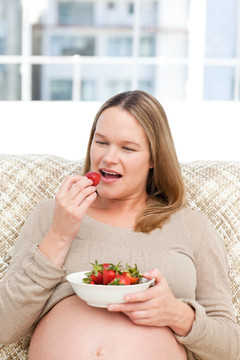 饥饿孕妇吃草莓坐在客厅在家里