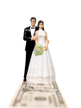 婚禮夫婦站在一張鈔票上