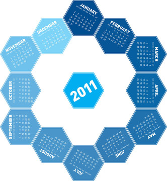 藍色的六邊形日歷2011