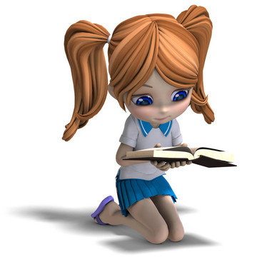 可愛的小卡通女孩讀書。3D渲染與剪輯路徑和陰影超過白色